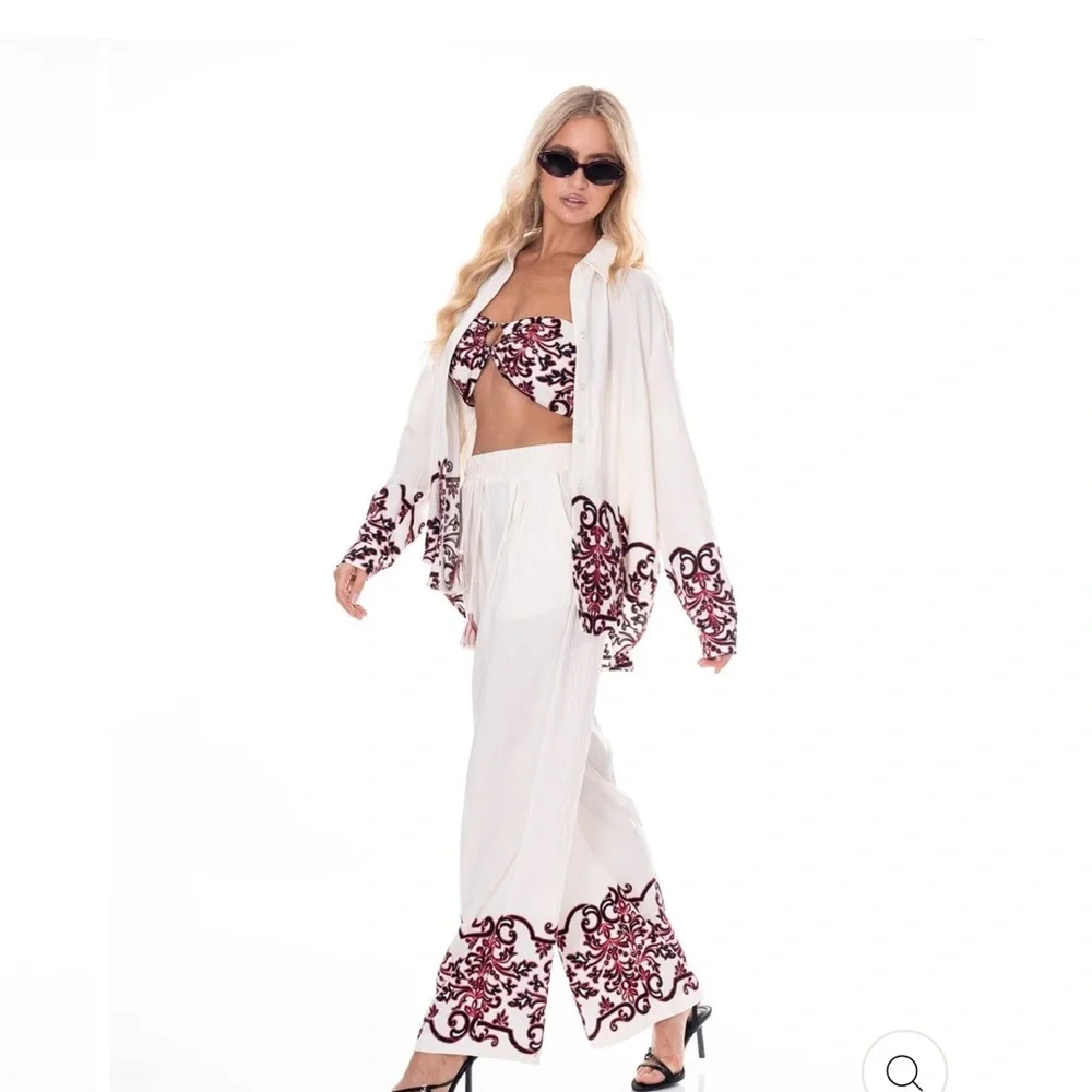 Elegant White and Red Embroidered 3 Piece Wide Leg Pant Set - Picture 4 of 4